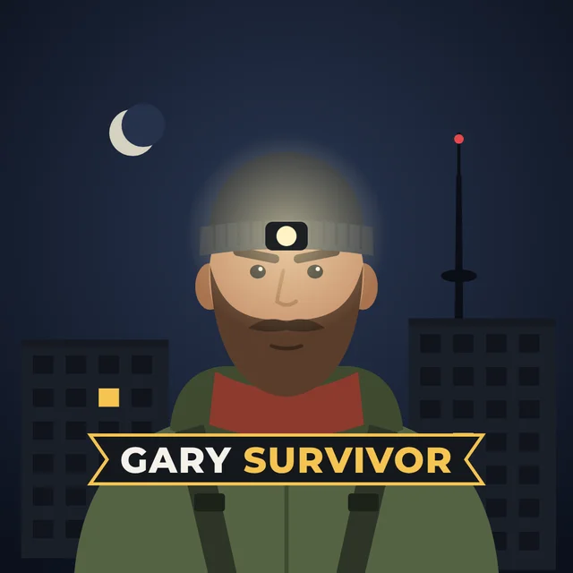 Гэри с налобным фонарём на фоне ночного города — логотип Gary Survivor